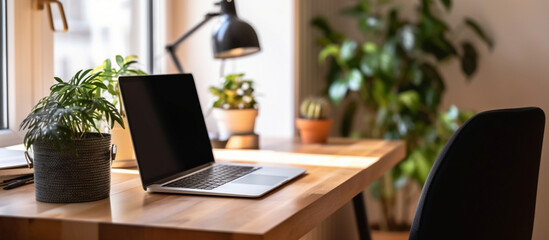 Fototapeta premium Workspace with blank laptop computer screen. Layout, template for your text. Ai generate