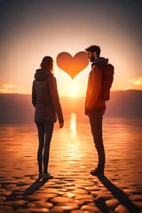 couple walking in the sunset, generative ai