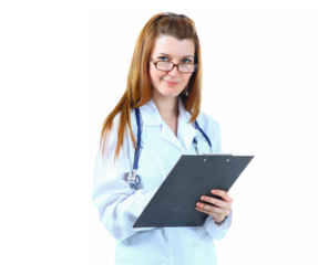 Pretty woman doctor therapist talking to web camera consulting virtual patient online by video conference call chat on a transparent background