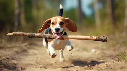 Happy beagle dog with flying ears running outdoors