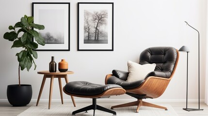 Scandinavian-style living area with design furniture, plants, bamboo bookstand, and wooden desk. Parquet flooring in brown wood. On the white wall, there is an abstract painting. 