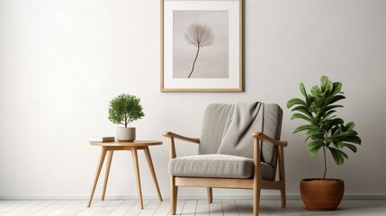 Fototapeta na wymiar Scandinavian-style living area with design furniture, plants, bamboo bookstand, and wooden desk. Parquet flooring in brown wood. On the white wall, there is an abstract painting. 