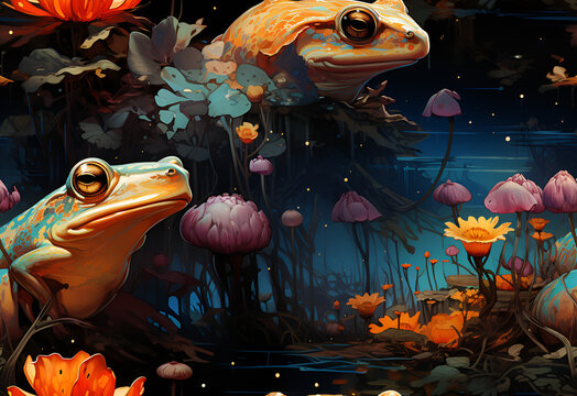 frog in the water,underwater,nature,coral,ocean,bulo ,cartoon,red,art,abstract,illustration,colorful,Ai generated 