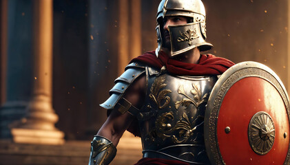 Roman male legionary (legionaries) wear helmet with crest, gladius spear and a scutum shield, heavy infantryman, realistic soldier of the army of the Roman Empire, on Rome background. Generative ai - obrazy, fototapety, plakaty