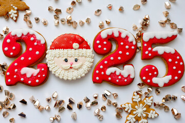 Christmas and New Year banner gingerbread cookies numbers 2025 on white background with copy space