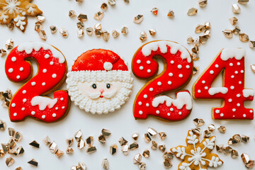 Christmas and New Year banner gingerbread cookies numbers 2024 on white background with copy space