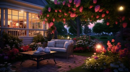 Summer evening on a gorgeous suburban home's patio, with lights in the garden..