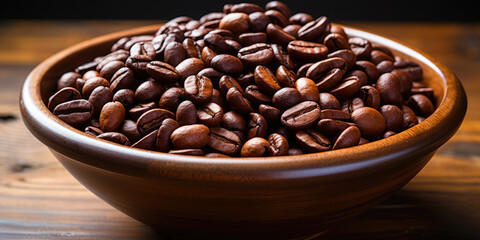 Fototapeta premium Coffee beans banner. Bowl full of coffee beans. Close-up food photography background