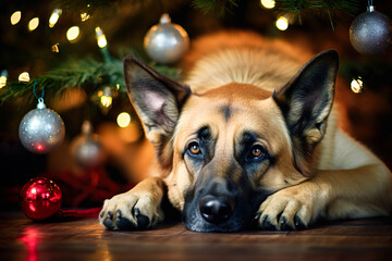Obraz premium German Shepherd, sad dog under christmas tree