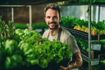 Man grow fresh organic herbs and holding crate of vegetables in greenhouse. Small business, chef picking herbs, thyme, rosemary for restaurant. Close up.
