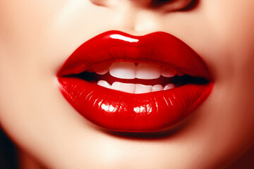 Obraz premium Passionate red lips close up. Beautiful perfect makeup - cosmetic beauty procedures. Sexy woman red lips
