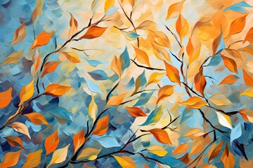 Fototapeta na wymiar A beautiful painting for an autumn background with orange and blue leaves. Generative AI