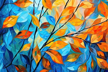 Obraz premium A beautiful painting for an autumn background with orange and blue leaves. Generative AI