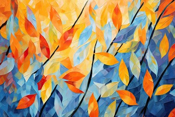 A beautiful painting for an autumn background with orange and blue leaves. Generative AI