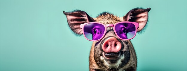 Boar in sunglass shade on a solid uniform background, editorial advertisement, commercial. Creative animal concept. With copy space for your advertisement