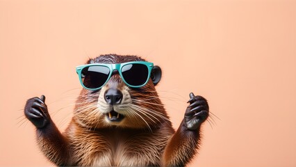 Beaver in sunglass shade on a solid uniform background, editorial advertisement, commercial. Creative animal concept. With copy space for your advertisement