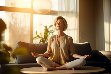 A middle-aged woman sitting in a lotus yoga position, meditating at home - obrazy, fototapety, plakaty