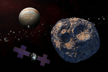 Jupiter, asteroid Psyche, and Psyche spacecraft. Large metallic asteroid orbiting the Sun between...