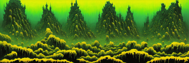 Fantasy landscape. Digital panoramic illustration. Generative AI.
