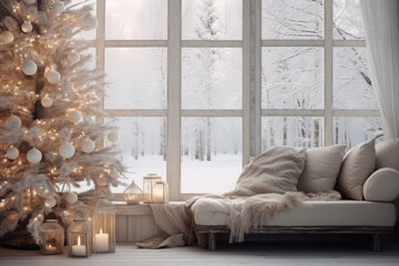 Beautiful holdiay decorated cozy living room with Christmas tree. White snow outside the window.