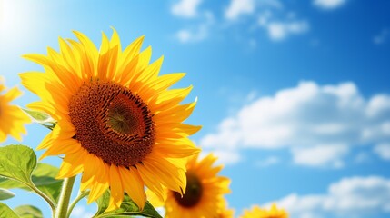 close-up of a sunflower with a blue sky background.