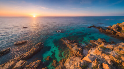 Obraz premium Beautiful seascape. Panoramic view of sunset over the sea.