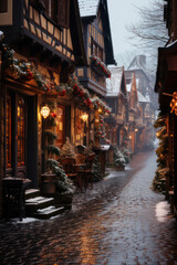 Fototapeta na wymiar Winter Wonderland Christmas Village with Snowy Mountains - Holiday Postcard. Generative AI