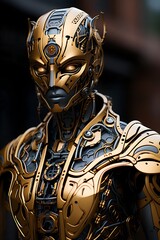 Fototapeta na wymiar Futuristic golden humanoid robot with reflecting metal skin and red glowing eyes