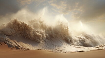 Surreal sight of massive waves encircling parched sand.