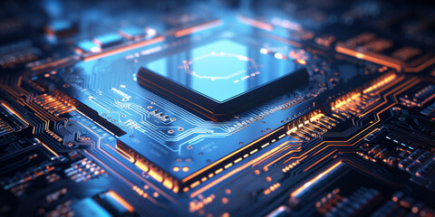 High-tech Computer chip close up shot, production of electronic, circuit board, futuristic design, extreme detail