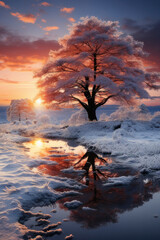 Majestic Winter Landscape, Snowy Sunset postcard. Generative AI