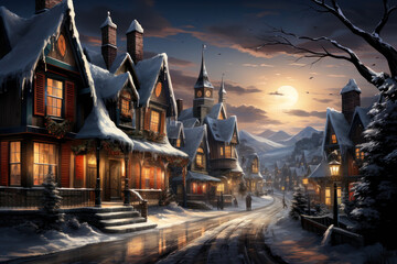 Enchanting Christmas Village in Snowy Mountains Postcard, generative AI - obrazy, fototapety, plakaty