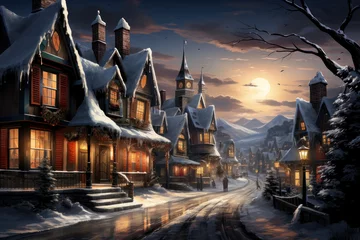 Foto op Aluminium Enchanting Christmas Village in Snowy Mountains Postcard, generative AI © Stefan