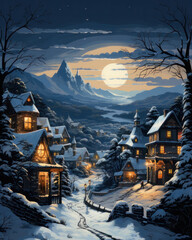 Enchanting Christmas Village in Snowy Mountains Postcard, generative AI - obrazy, fototapety, plakaty