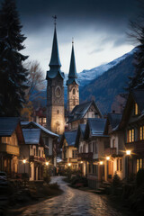 Fototapeta na wymiar Enchanting Christmas Village in Snowy Mountains Postcard, generative AI