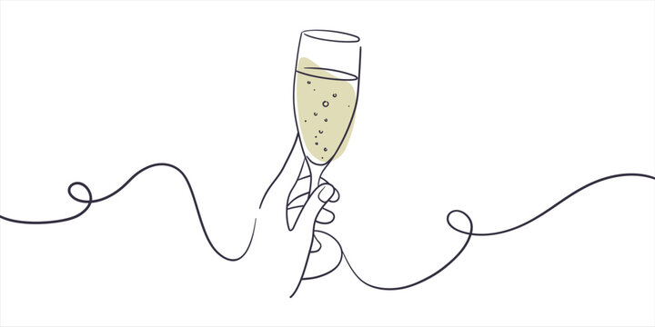 recommend clip art: Continuous line champagne cheers one line art, continuous drawing contour. Hand toasting with wine glasses with drinks. Cheers toast festive decoration for holidays. Vector illustration