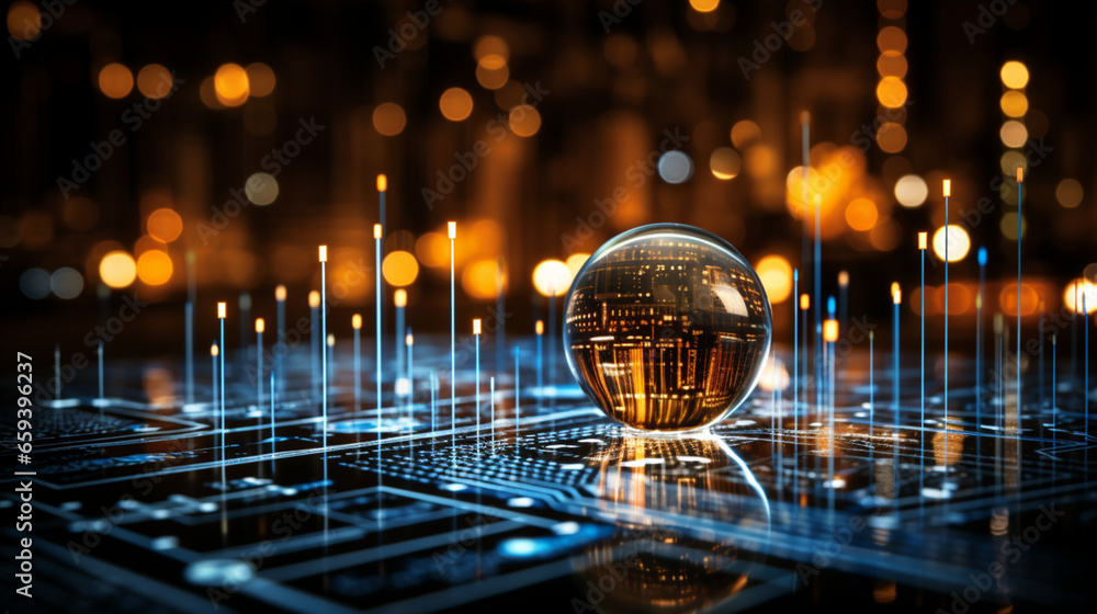 Poster data visualization, close up technology digitalization, optimization of high-tech electronics, data 