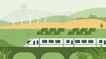 
Sustainable transportation concept. Trian passing through fields with solar panels and wind turbines. Rail transport sustainability. Vector illustration. - 659396220