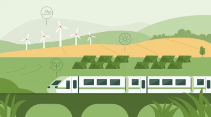 Fototapeten  Sustainable transportation concept. Trian passing through fields with solar panels and wind turbines. Rail transport sustainability. Vector illustration. © Irina Strelnikova