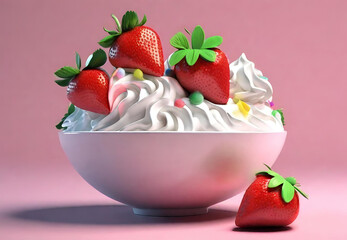 Bowl of Strawberries with Whipped Cream, 
Delicious Strawberry Dessert, 
Sweet Treat with Berries and Cream