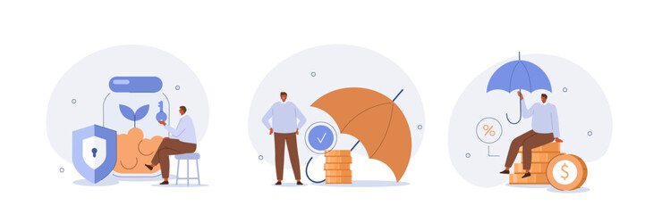 High interest rates concept illustration. Collections of characters opening savings account and receiving interest on deposits. Low risk investments. Vector illustrations set.