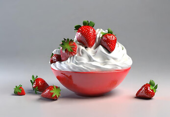 Bowl of Strawberries with Whipped Cream, 
Delicious Strawberry Dessert, 
Sweet Treat with Berries and Cream