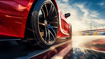 Fototapeten Sports Car Racing on race track Car wheel drifting © Moribuz Studio
