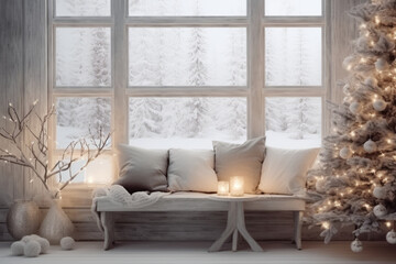 Beautiful holdiay decorated cozy living room with Christmas tree. White snow outside the window.