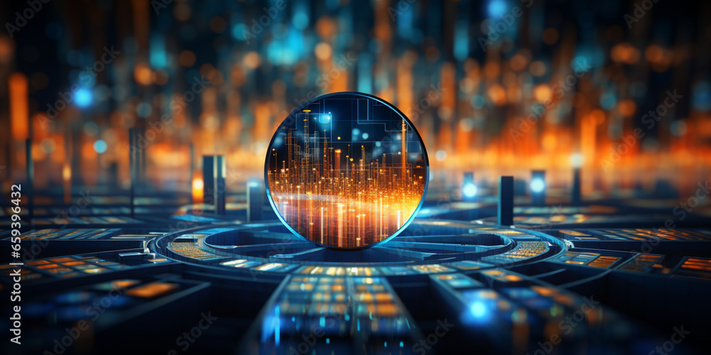 Poster data visualization, close up technology digitalization, optimization of high-tech electronics, data 