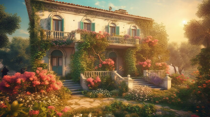 Fototapeta na wymiar Beautiful old times Italian villa covered in foliage and flowers, Fantasy theme