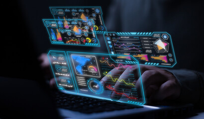 Business Analysis, Finance, Artificial Neural Networks, AI, Big Data Technology Data scientists query, analyze, and visualize complex data sets on virtual screens. Using AI in business data analysis