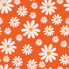 Hand drawn seamless pattern daisy. Cute daisies bright orange background. Simple vector print white flowers in Liberty style. Botanical illustration for the design of fabric, socks, backpack, cover.