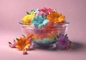 Fototapeta na wymiar Colorful Flowers in a Bowl, Vibrant Floral Arrangement, Blooms in a Decorative Bowl, Flower Bowl Still Life, Colorful Floral Display