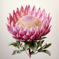 Illustration of a pink king protea flower with green leaves on a white background created with Generative AI technology - obrazy, fototapety, plakaty